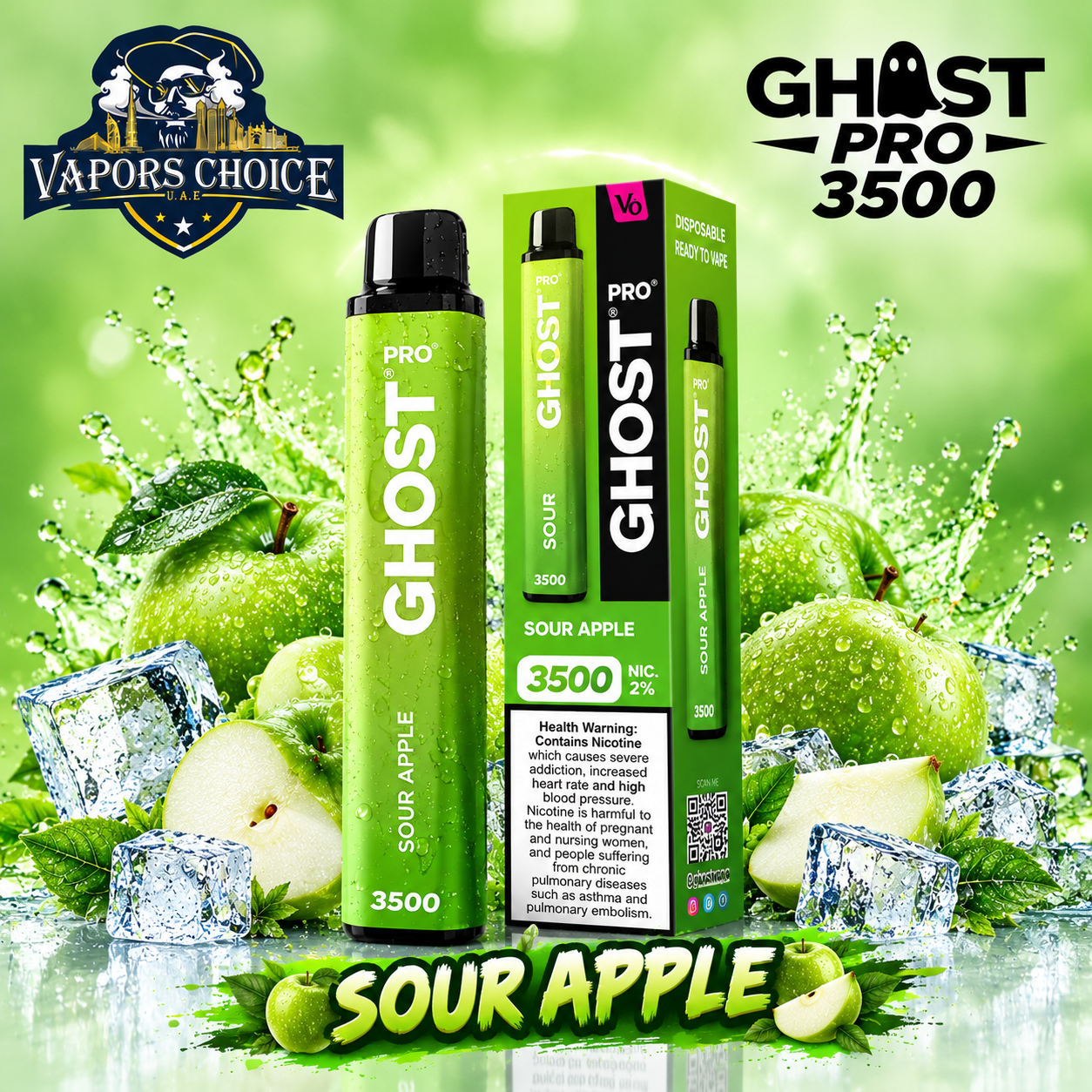 GHOST PRO 3500 PUFFS - DISPOSABLE VAPE (20mg) & Sour Apple & UAE & Umm Al Quwain