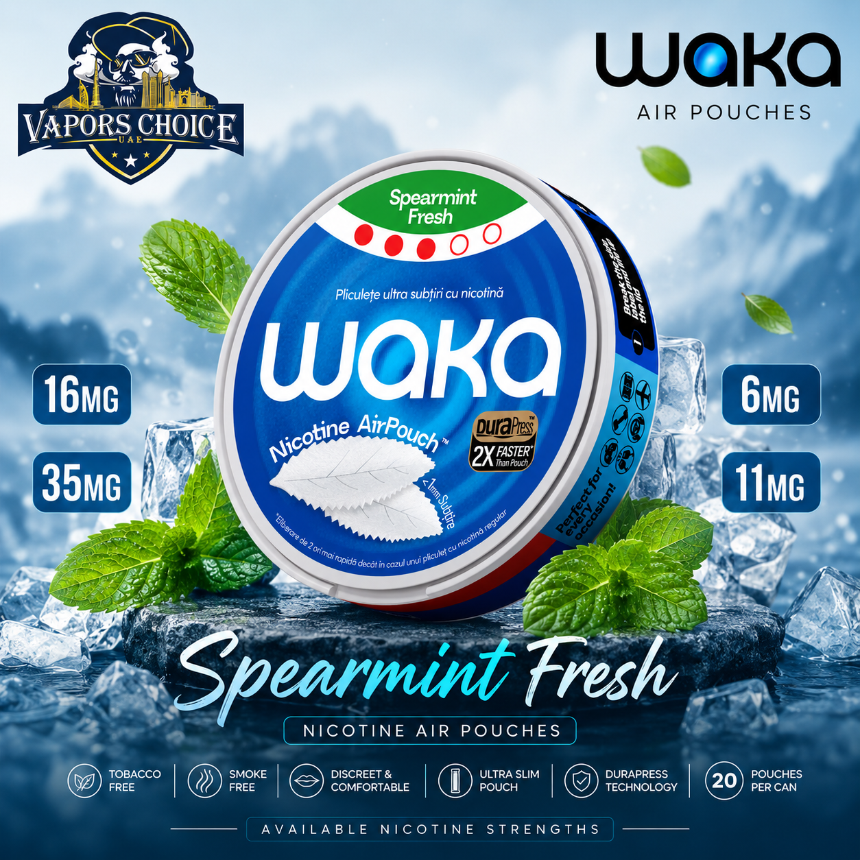 WAKA Nicotine Air Pouches & Spearmint Fresh & 6mg/11mg/16mg/35mg & UAE & Ajman