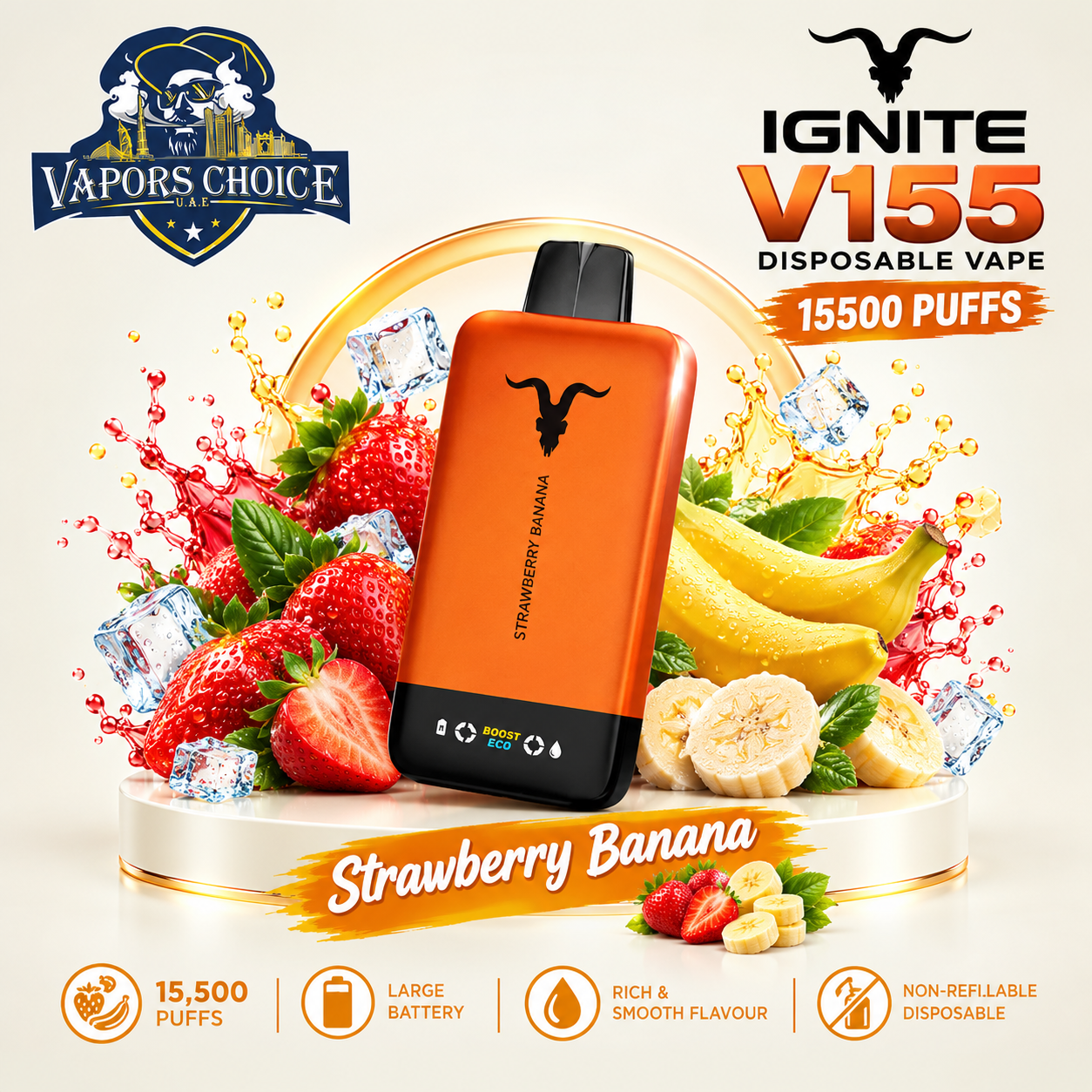 IGNITE V155 Disposable Vape 15500 PUFFS & Strawberry Banana & UAE & Ras Al Khaimah