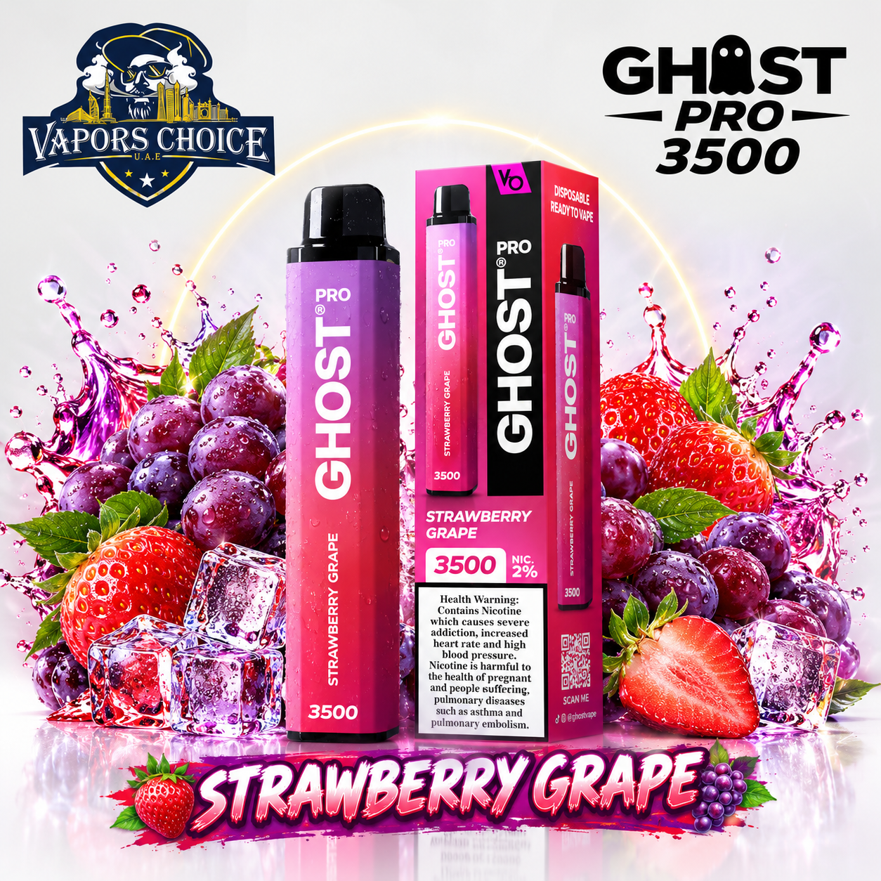 GHOST PRO 3500 PUFFS - DISPOSABLE VAPE (20mg) & Strawberry Grape & UAE & Ras Al Khaimah 
