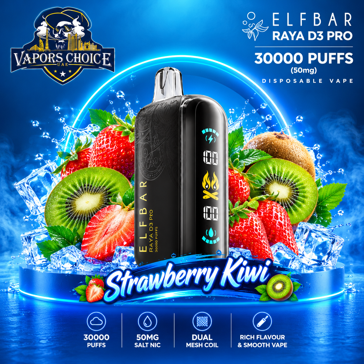 ELF BAR RAYA D3 PRO 30000 Puffs Disposable Vape -30K-(50mg) & Strawberry Kiwi & UAE & Ras Al Khaimah