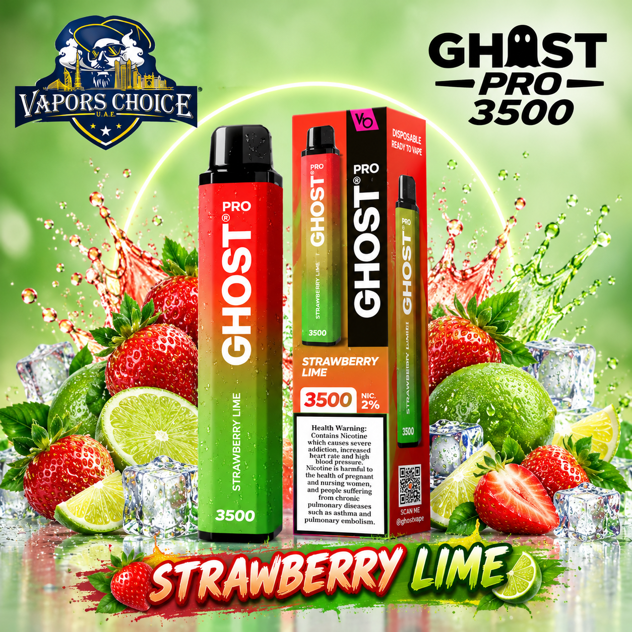 GHOST PRO 3500 PUFFS - DISPOSABLE VAPE (20mg) & Strawberry Lime & UAE & Dubai