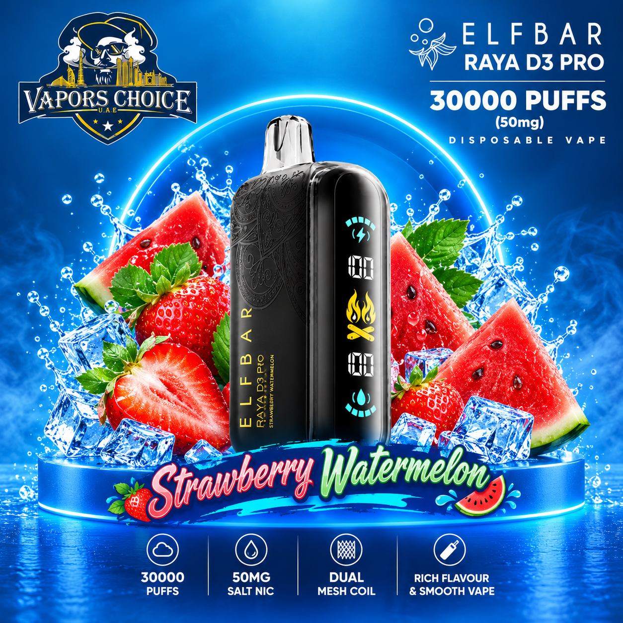 ELF BAR RAYA D3 PRO 30000 Puffs Disposable Vape -30K-(50mg) & Strawberry Watermelon & UAE & Fujairah
