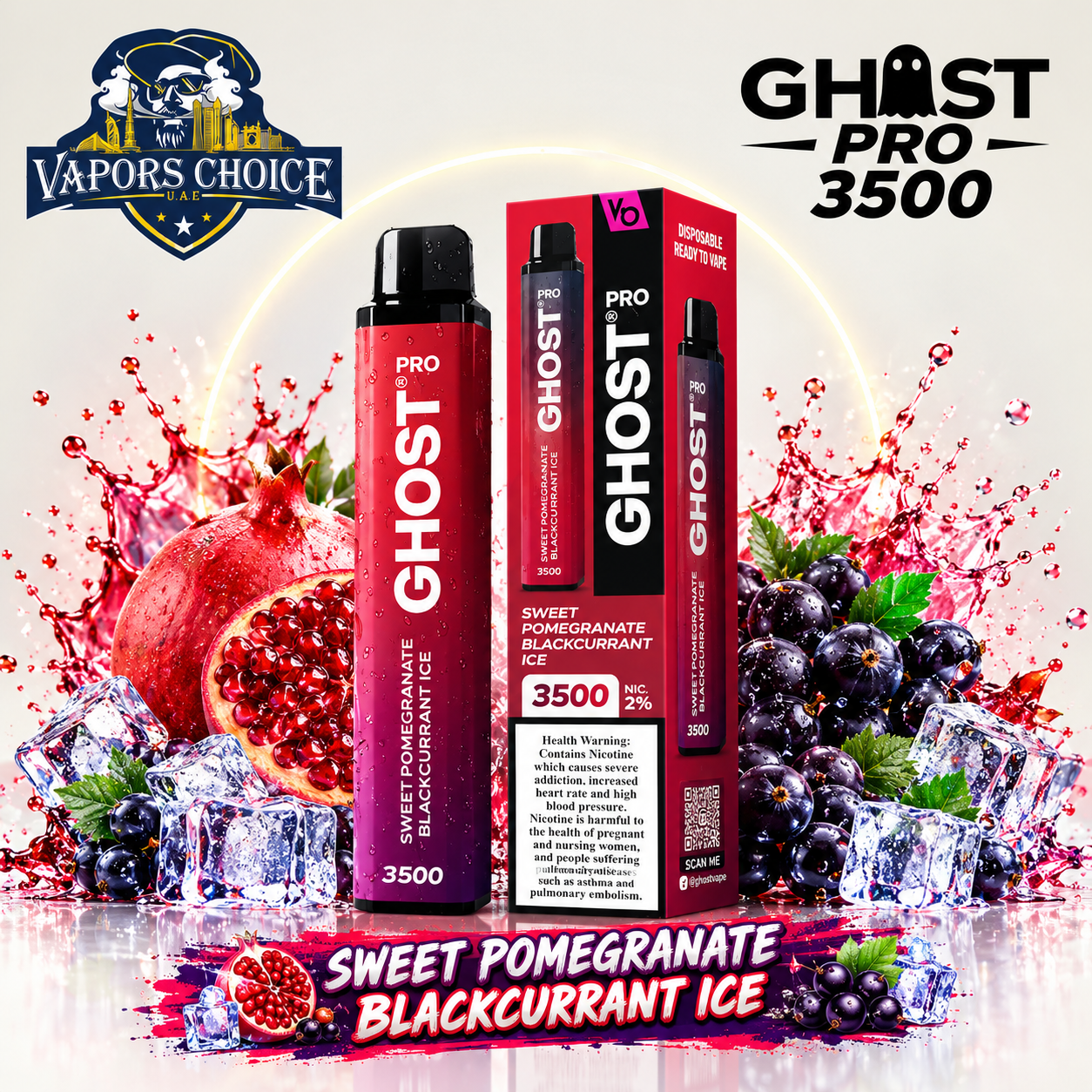 GHOST PRO 3500 PUFFS - DISPOSABLE VAPE (20mg) & Sweet Pomegranate Blackcurrant Ice & UAE  & Sharjah