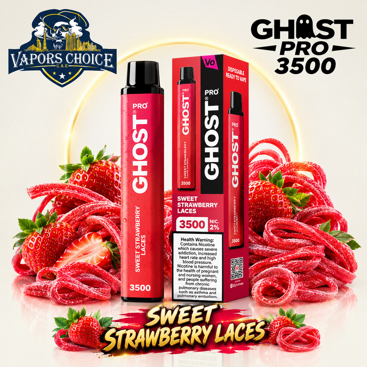 GHOST PRO 3500 PUFFS - DISPOSABLE VAPE (20mg) & Sweet Strawberry Laces & UAE & Fujairah