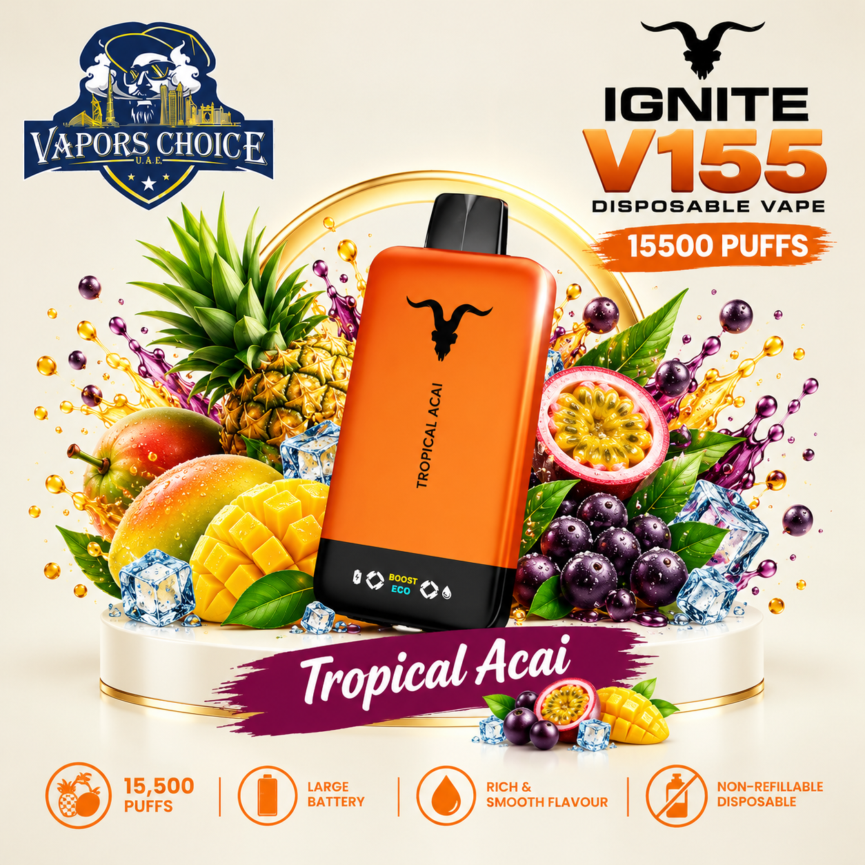 IGNITE V155 Disposable Vape 15500 PUFFS & Tropical Acai & UAE & Ajman