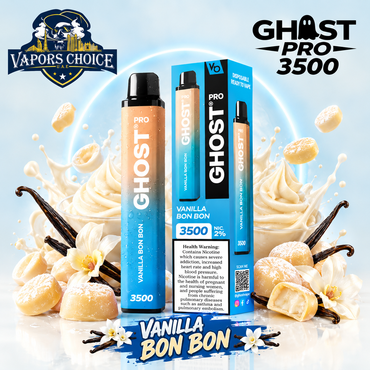 GHOST PRO 3500 PUFFS - DISPOSABLE VAPE (20mg) & Vanilla Bon Bon & UAE & Sharjah