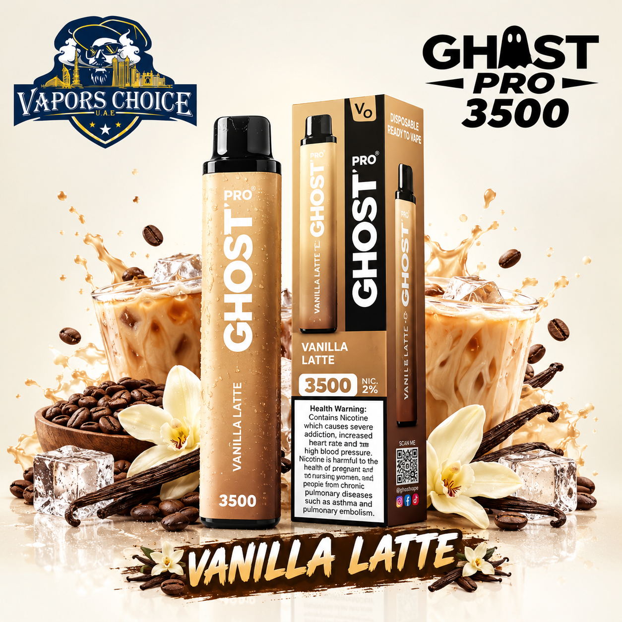 GHOST PRO 3500 PUFFS - DISPOSABLE VAPE (20mg) & Vanilla Latte & UAE & Ras Al Khaimah