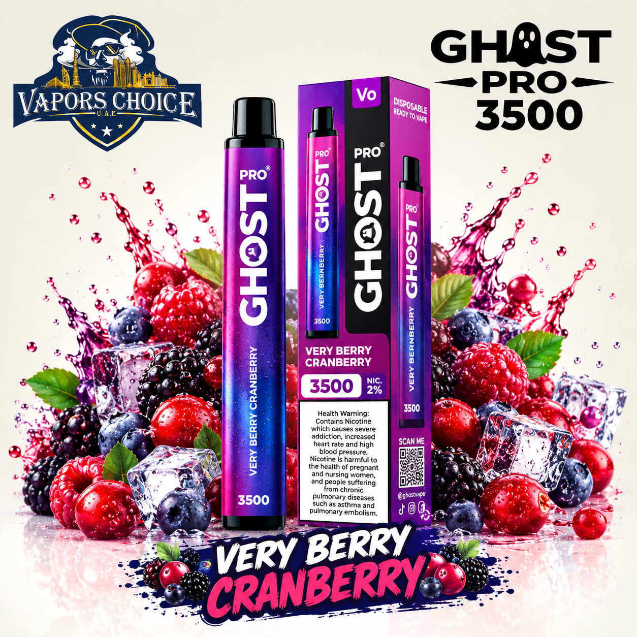 GHOST PRO 3500 PUFFS - DISPOSABLE VAPE (20mg) & Very_Berry_Cranberry & UAE & Umm Al Quwain