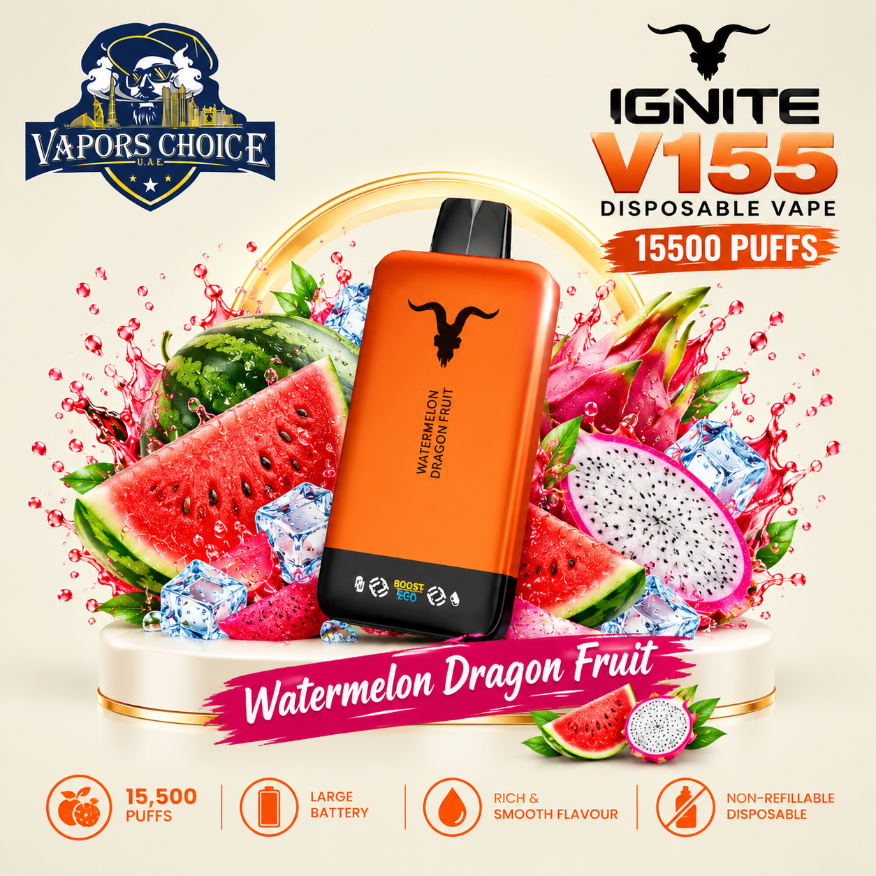 IGNITE V155 Disposable Vape 15500 PUFFS & Watermelon Dragon Fruit & UAE & Sharjah