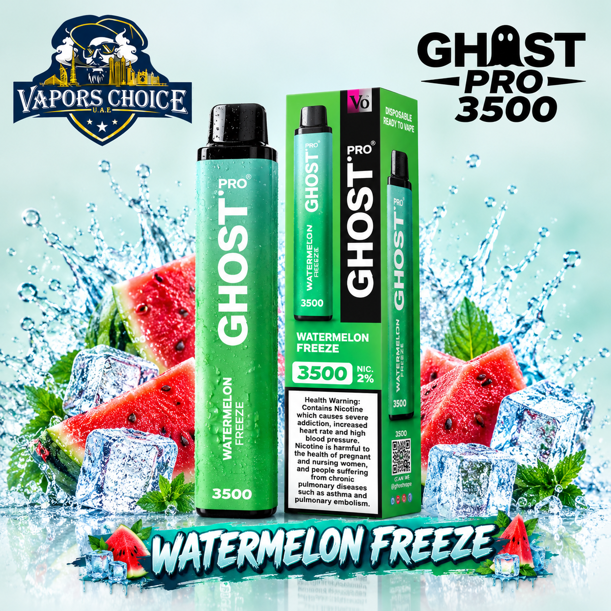 GHOST PRO 3500 PUFFS - DISPOSABLE VAPE (20mg) & Watermelon Freeze &  UAE & Dubai