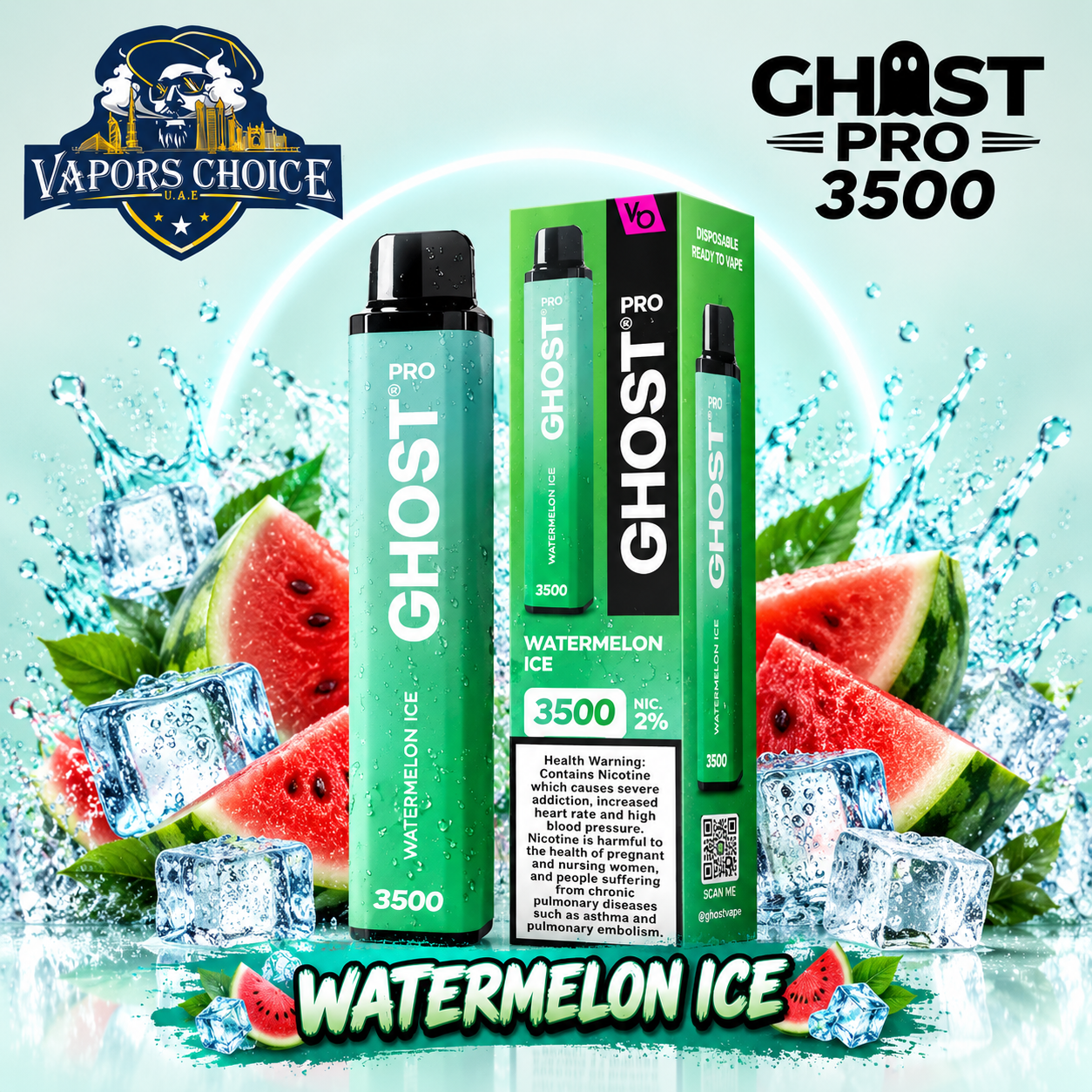 GHOST PRO 3500 PUFFS - DISPOSABLE VAPE (20mg) & Watermelon Ice & UAE & Ajman 