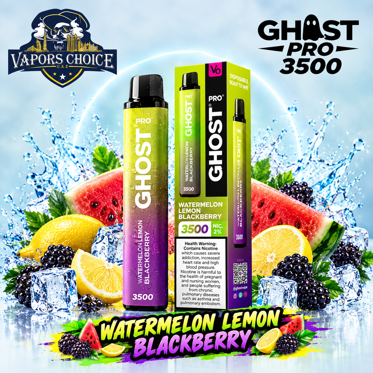 GHOST PRO 3500 PUFFS - DISPOSABLE VAPE (20mg) & Watermelon Lemon Blacberry & UAE & Sharjah
