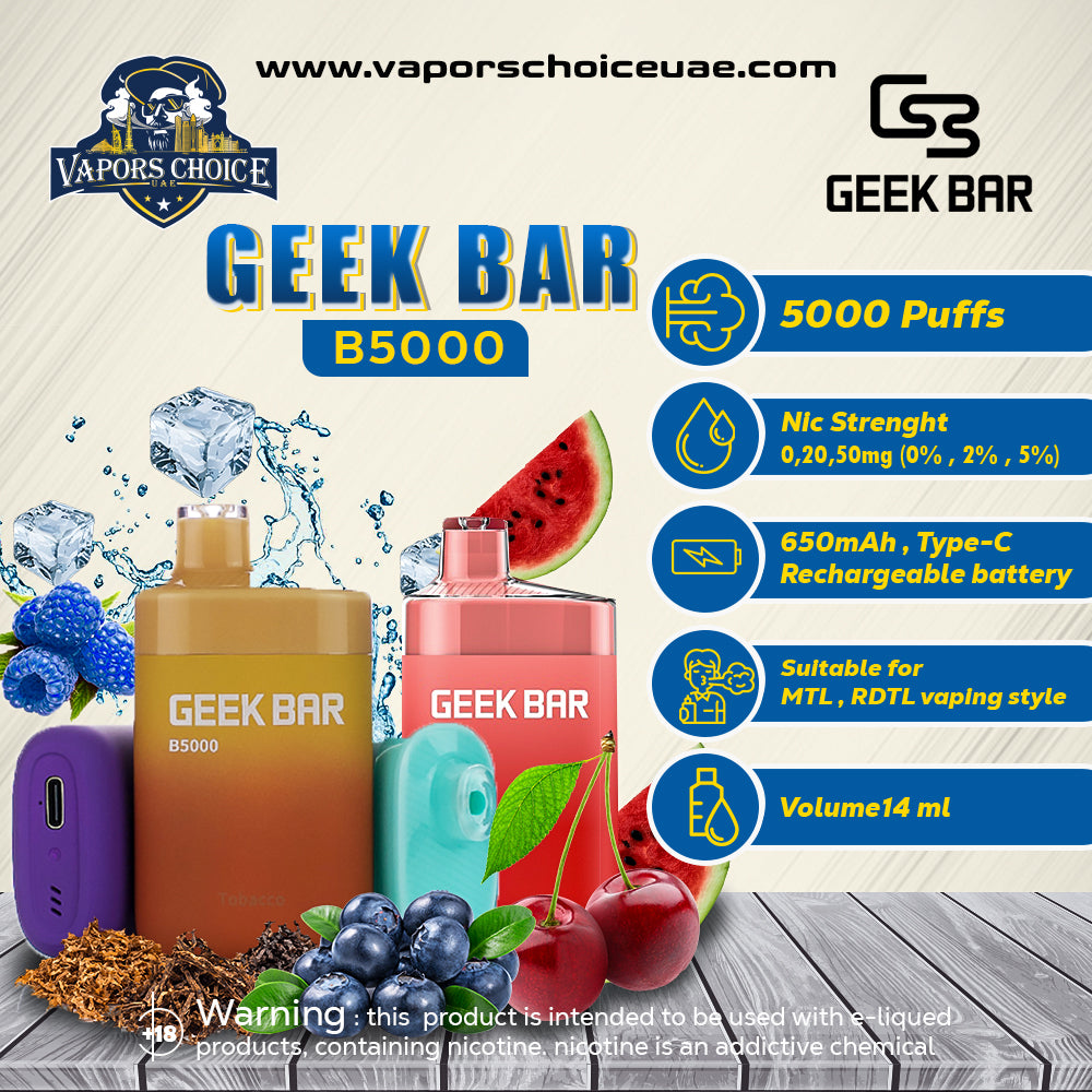 GEEK BAR B5000 (0, 20 & 50mg) RECHARGEABLE DISPOSABLE 5000 PUFFS ABU DHABI UAE